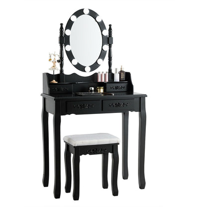 Tocador de Maquillaje con Espejo Iluminado con Interruptor Táctil y Taburete Acolchado-Negro