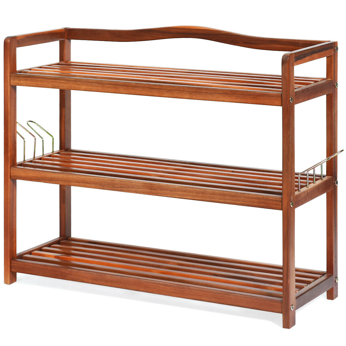 2-Tier Acacia Wood Shoe Rack by DirectDeals with 4 Side Metal Hooks, warm brown slatted shelves on Tampa Home & Garden Store