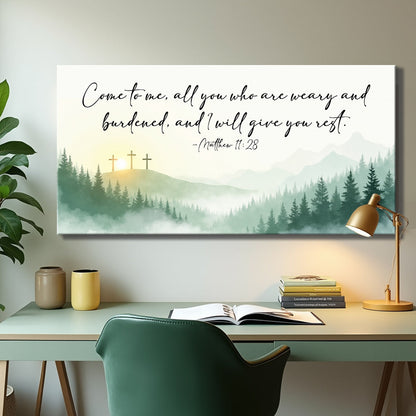 Canvas faith sign Come To Me Matthew 11:28 by Tailored Canvases with three crosses at sunrise on Tampa Home & Garden Store
