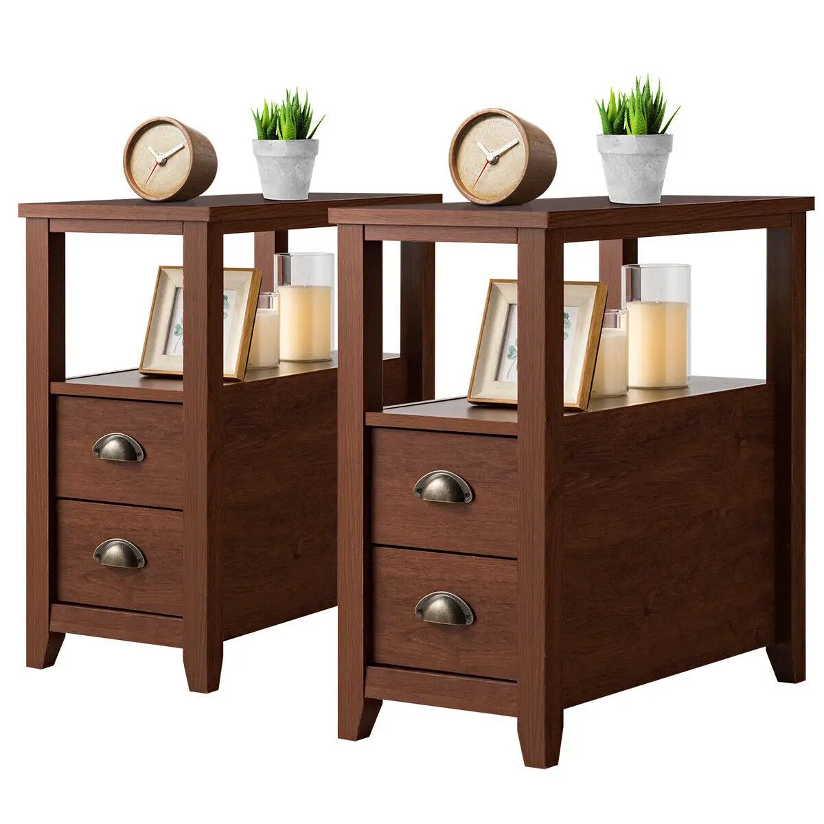 Set of 2 Wooden End Tables with Drawers and Shelf