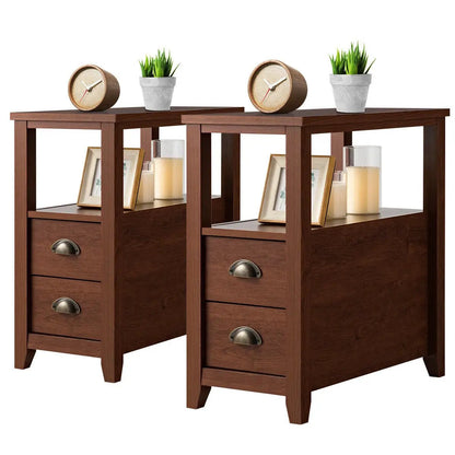 Set of 2 Wooden End Tables with Drawers and Shelf