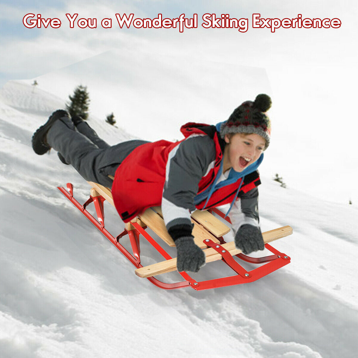 54 Inch wood snow sled with red metal runners and steering bar, DirectDeals snow racer on Tampa Home & Garden Store