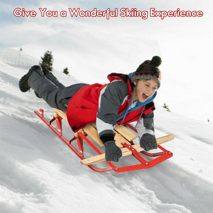54 Inch wood snow sled with red metal runners and steering bar, DirectDeals snow racer on Tampa Home & Garden Store
