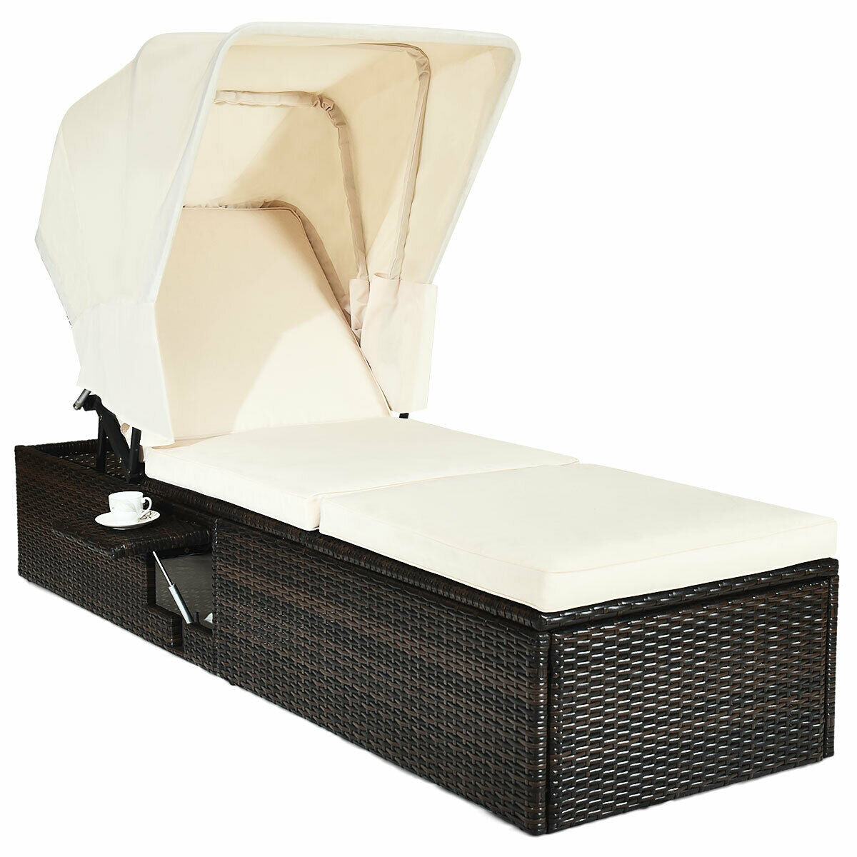Outdoor Adjustable Cushioned Chaise Lounge Chair with Folding Canopy-Black