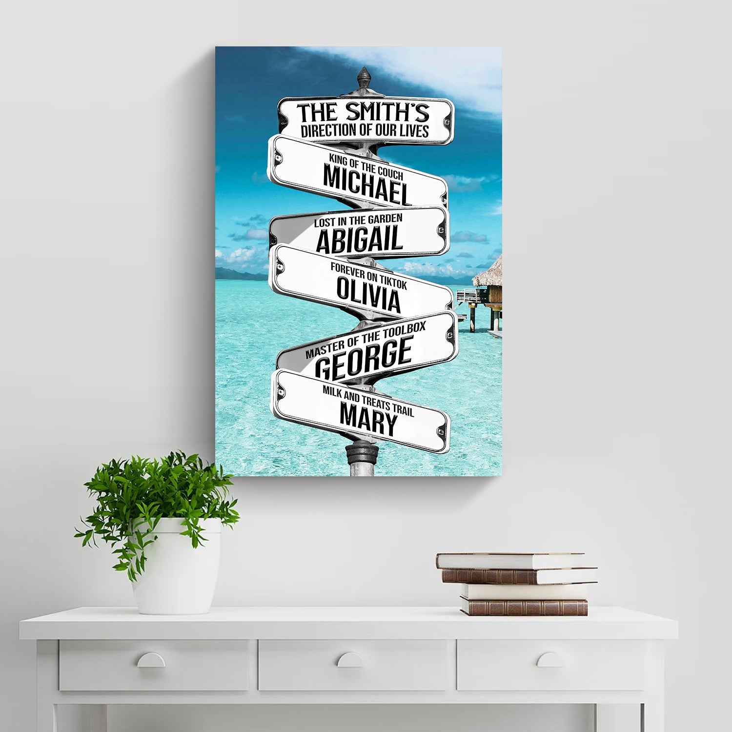 Direction Of Our Lives family names sign canvas Tailored Canvases signpost with names on sea on Tampa Home & Garden Store