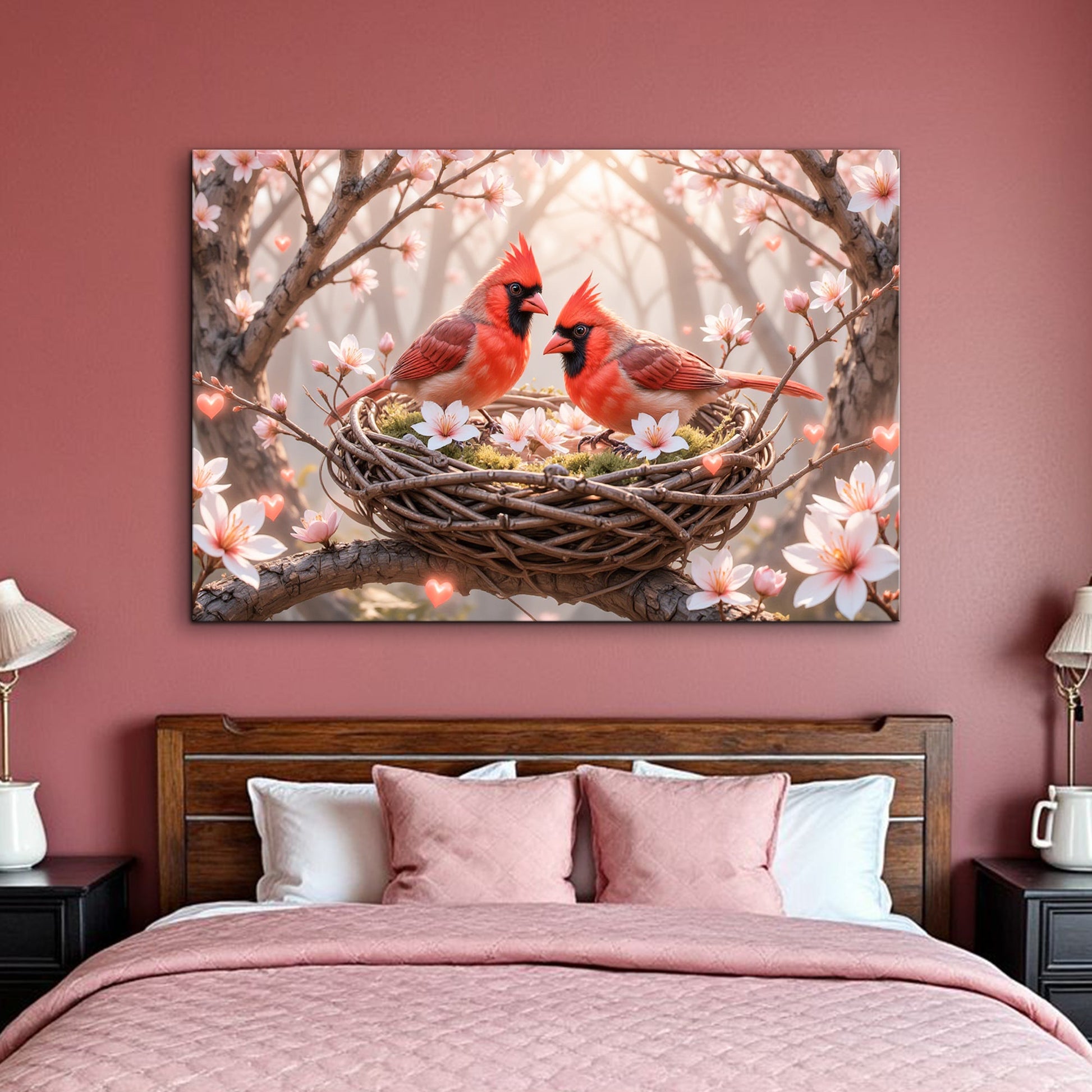 3D Cardinals Wall Art Canvas with two red cardinals among pink blossoms on Tampa Home & Garden Store