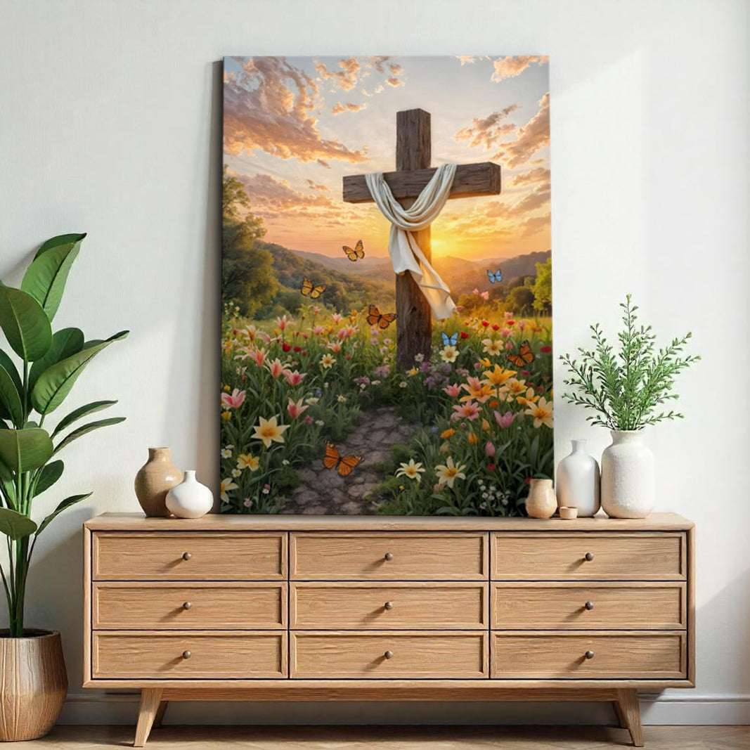 Cross and Flowers Faith Wall Art canvas by Tailored Canvases; wooden cross, draped fabric on Tampa Home & Garden Store