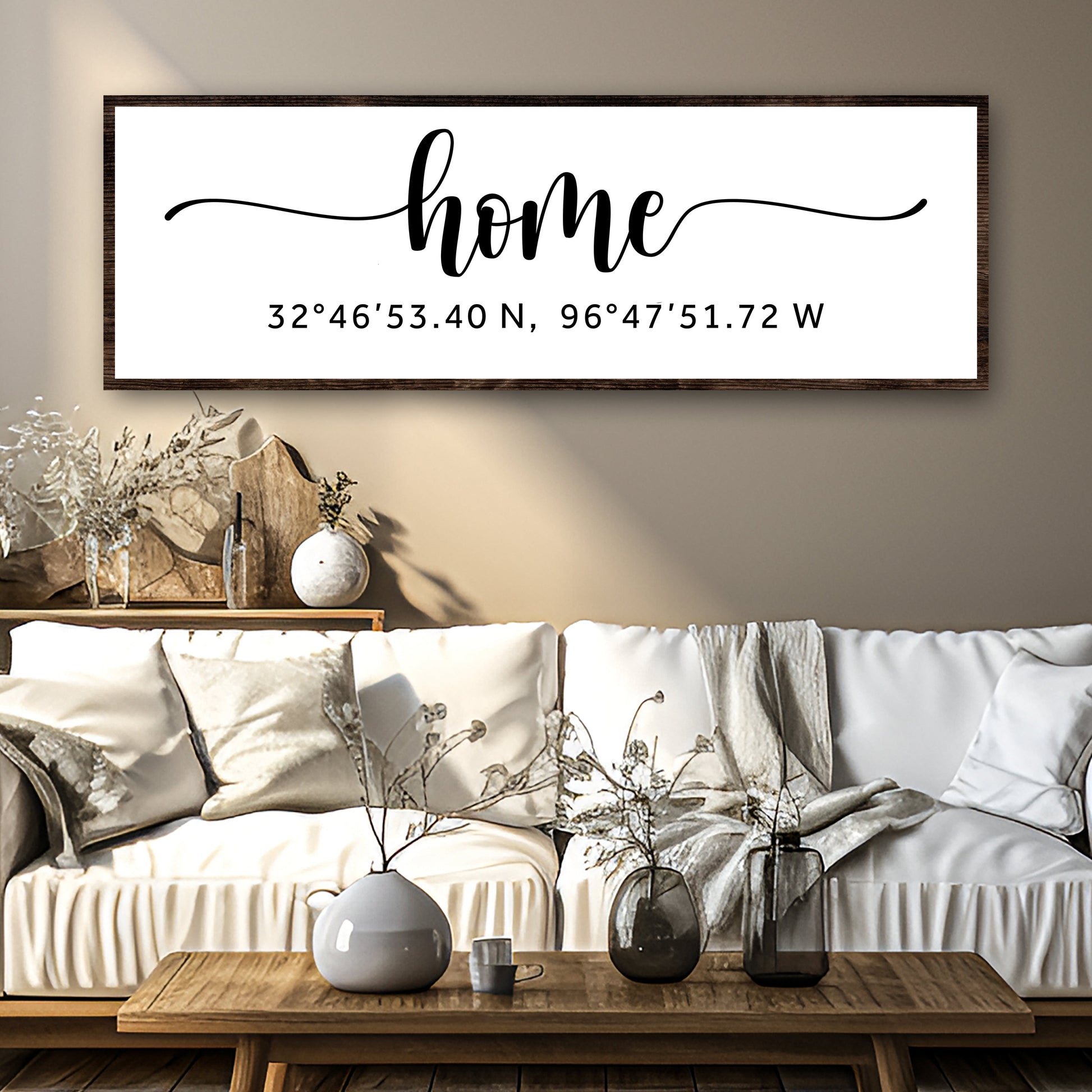Family Home Coordinates Sign canvas white black script home coordinates wood frame on Tampa Home & Garden Store