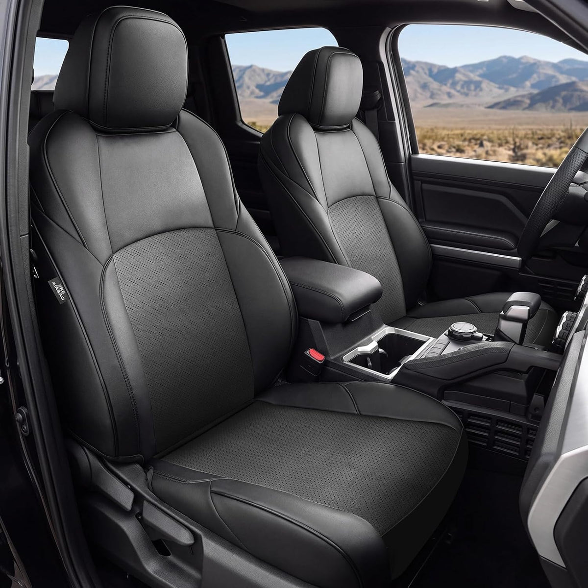 Truck seat covers pair in black Nappa leather with perforated centers for Toyota Tacoma cab on Tampa Home & Garden Store