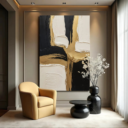Black White and Gold Wall Art canvas with bold vertical strokes in black, white and gold on Tampa Home & Garden Store