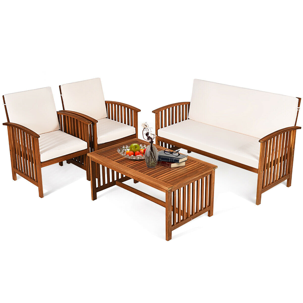 Juego de muebles de patio de madera maciza de 4 piezas - Beige