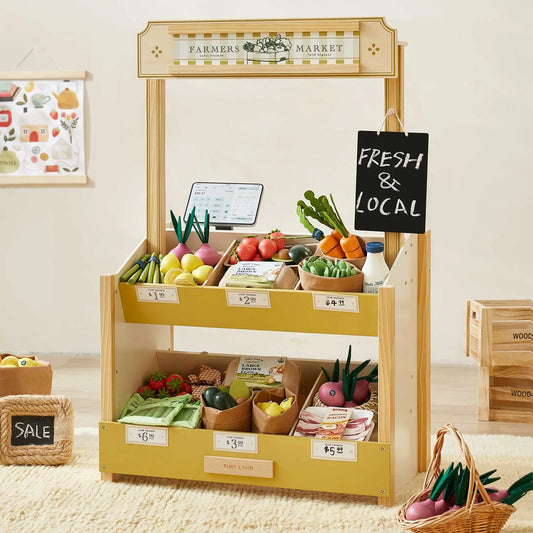 Tiny Land Kid's Grocery Store Playset wooden market stand with produce and Fresh Local signage on Tampa Home & Garden Store