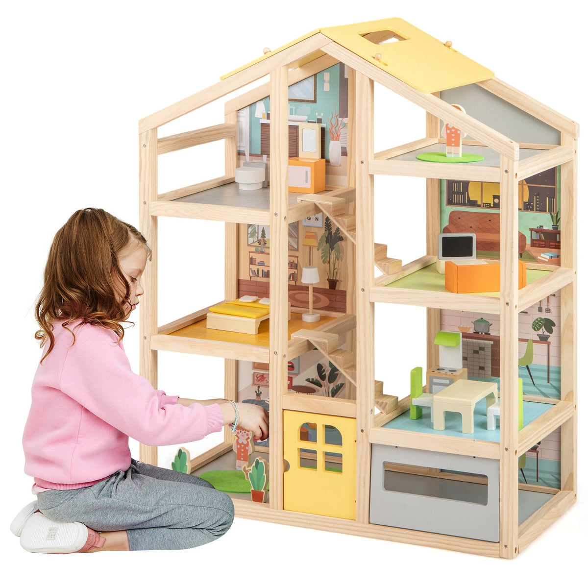 Wooden dollhouse playset natural wood with furniture and figures, multi-room design on Tampa Home & Garden Store