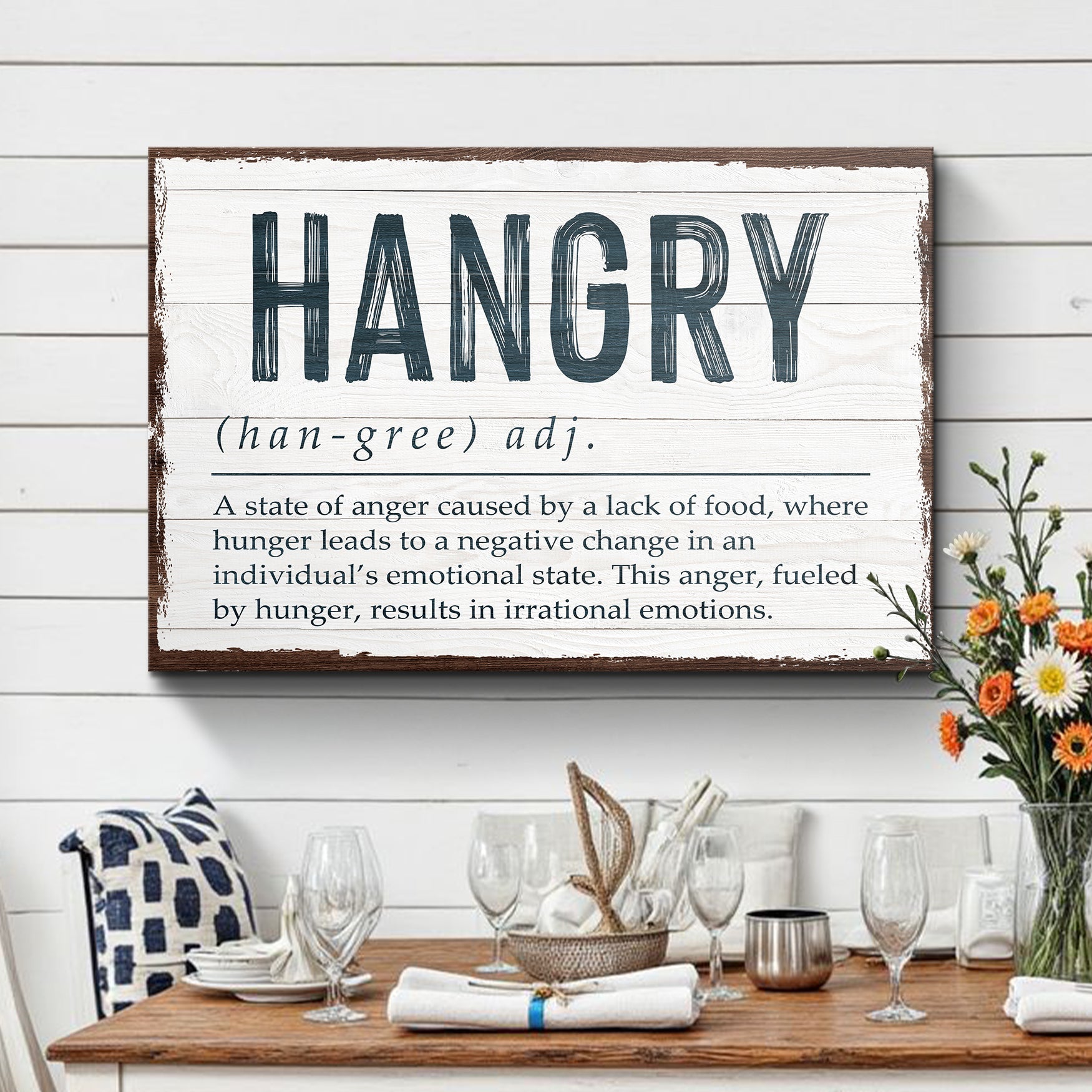 Hangry Kitchen Sign II canvas wall art with dark navy HANGRY text and brown frame on Tampa Home & Garden Store