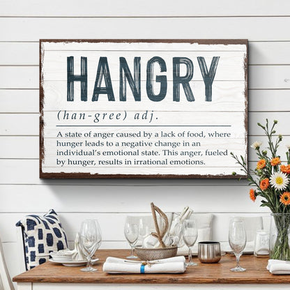 Hangry Kitchen Sign II canvas wall art with dark navy HANGRY text and brown frame on Tampa Home & Garden Store