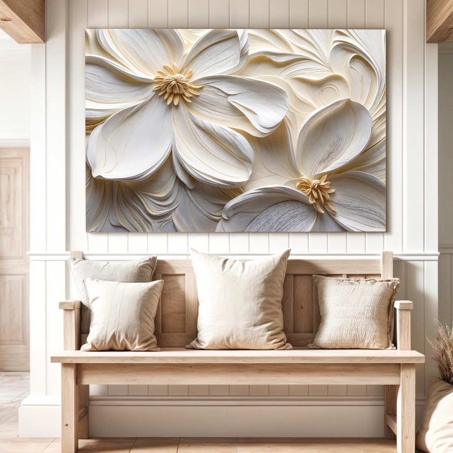 3D Minimalist Flower Wall Art II Canvas Tailored Canvases cream textured petals on Tampa Home & Garden Store
