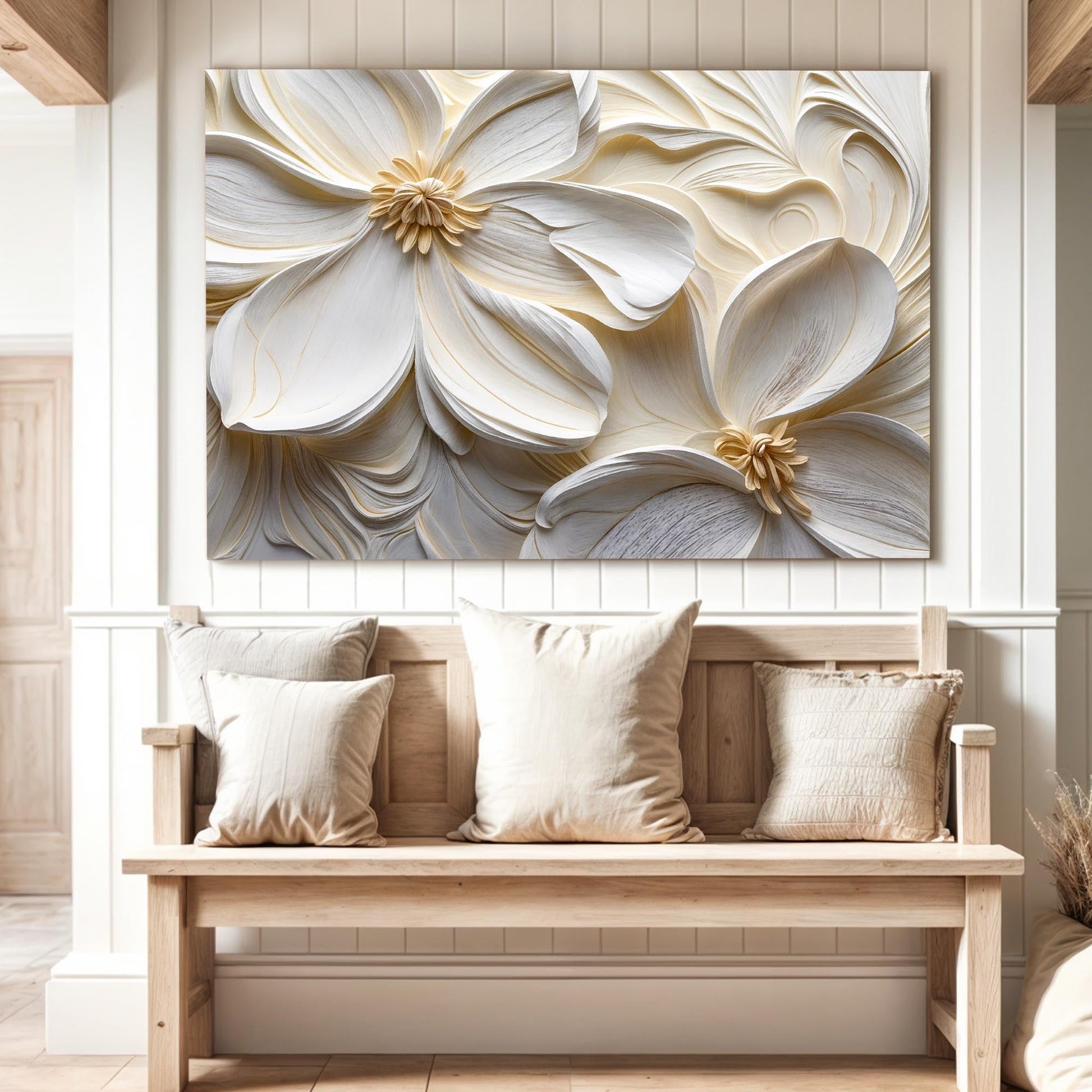 3D Minimalist Flower Wall Art II Canvas Tailored Canvases cream textured petals on Tampa Home & Garden Store
