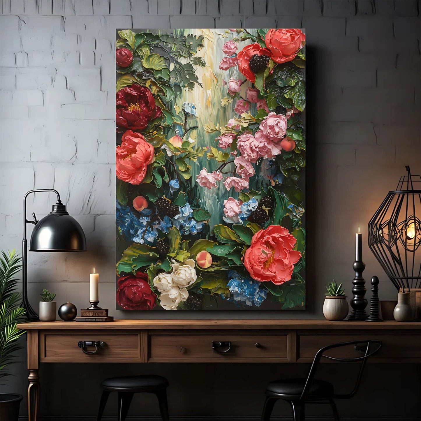 Garden Floral Wall Art crafting canvas by Tailored Canvases with bold red pink and green blooms on Tampa Home & Garden Store