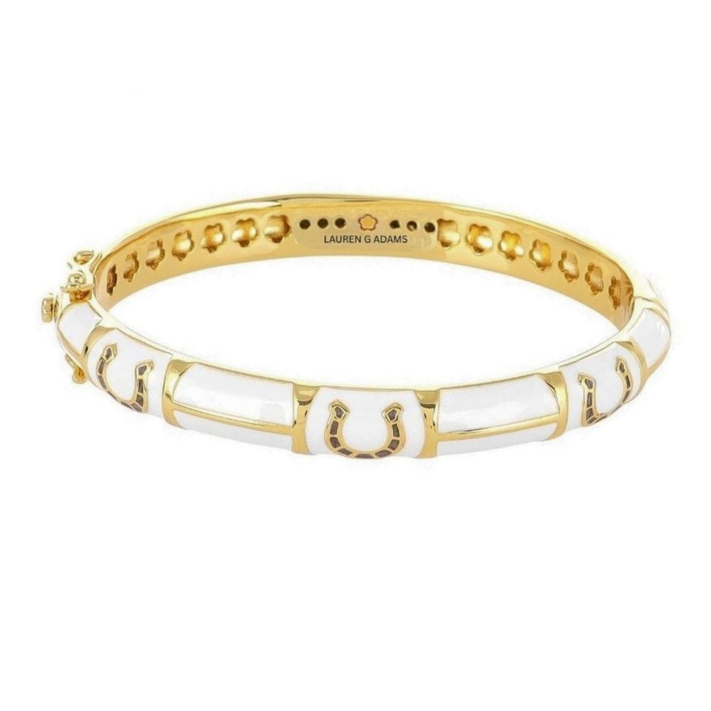 Equestrian Bangle Port Horseshoe gold hinged bracelet by Lauren G Adams with white enamel on Tampa Home & Garden Store