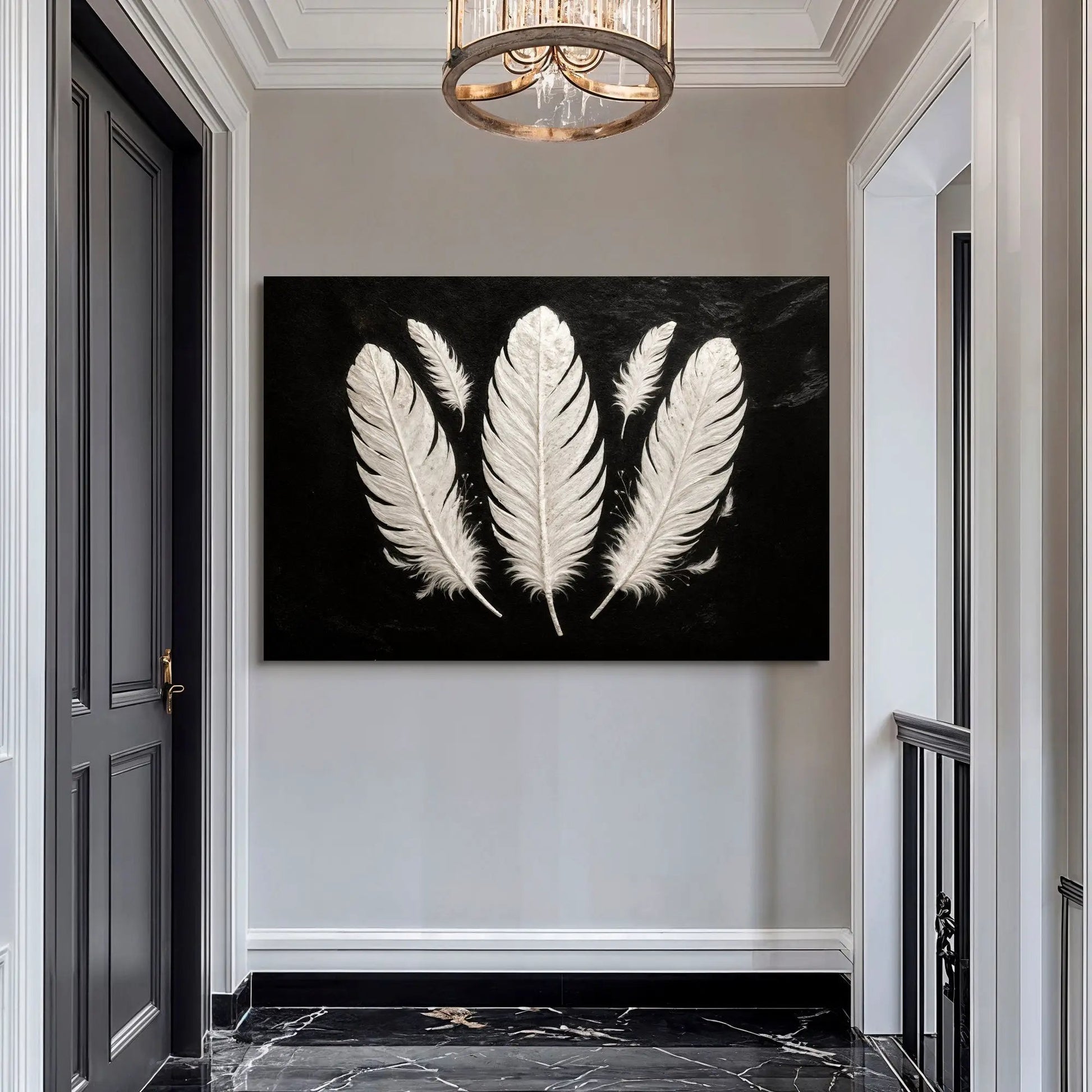 Minimalist monochrome feather wall art canvas in black and white Tailored Canvases on Tampa Home & Garden Store