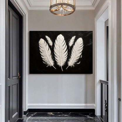 Minimalist monochrome feather wall art canvas in black and white Tailored Canvases on Tampa Home & Garden Store