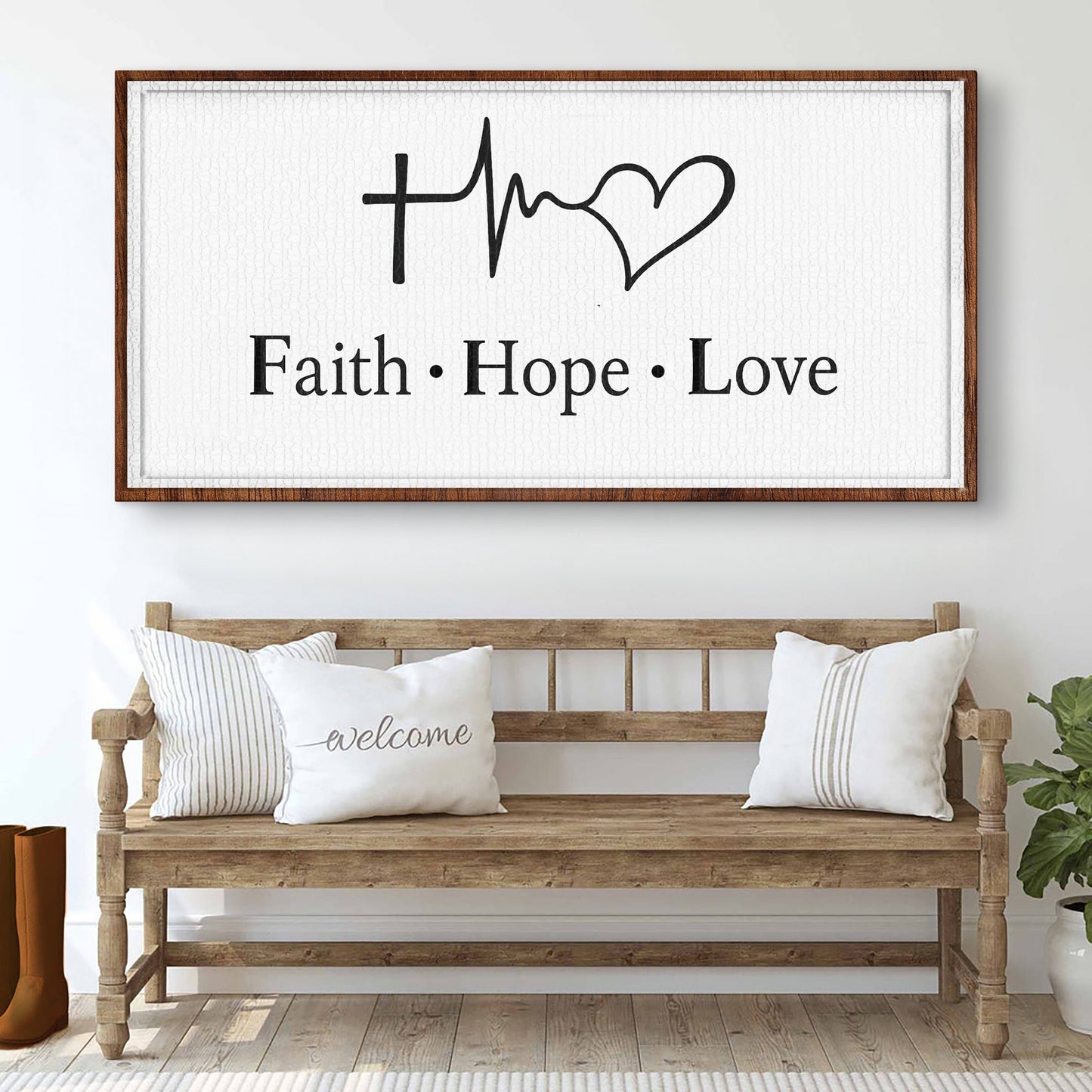 Faith, Hope, Love Faith Wall Art canvas by Tailored Canvases; white textured background with black script and wood frame on Tampa Home & Garden Store