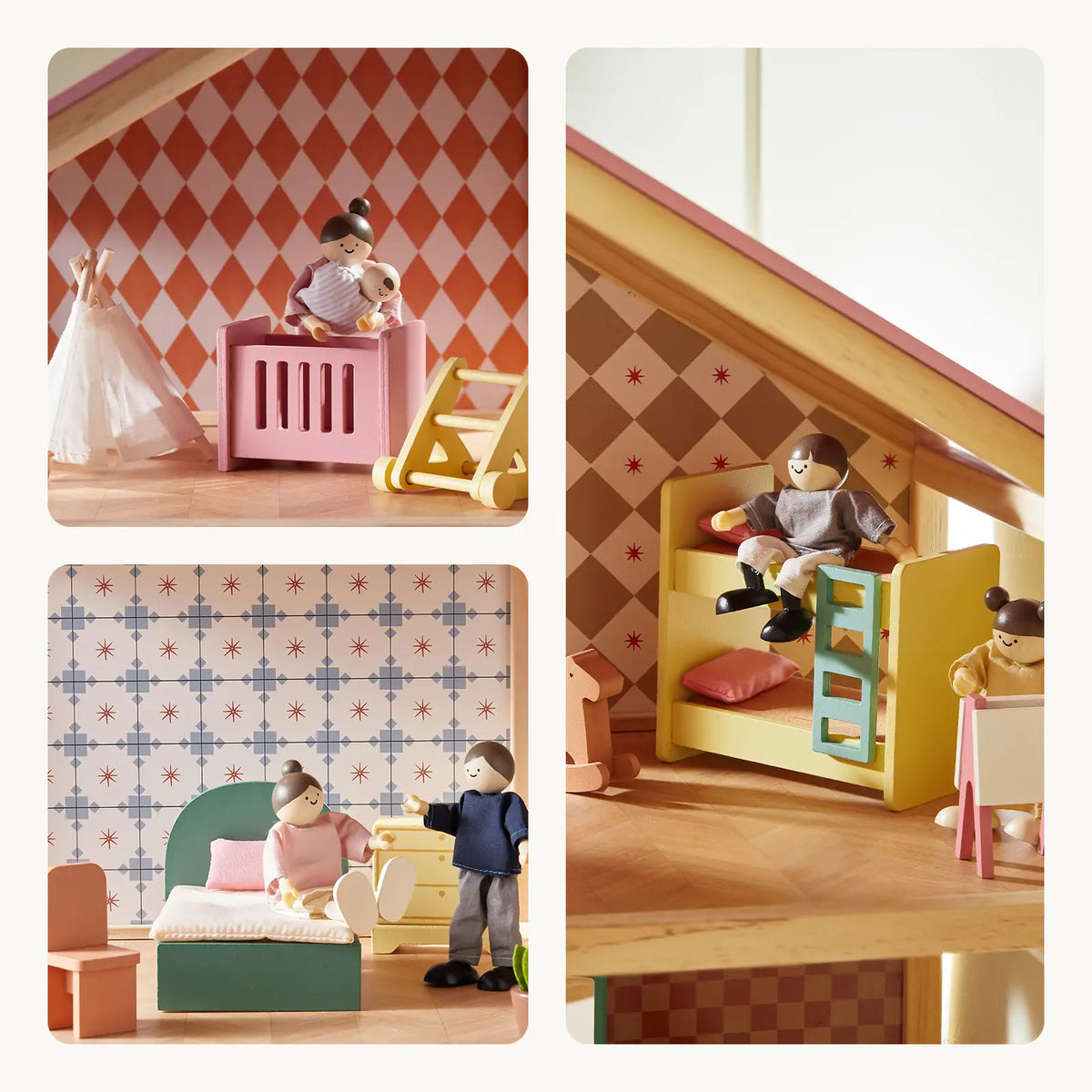 Tiny Land Pegasus Dollhouse with wooden dolls, pink bed and yellow slide in pastel playset on Tampa Home & Garden Store