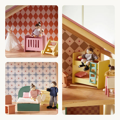 Tiny Land Pegasus Dollhouse with wooden dolls, pink bed and yellow slide in pastel playset on Tampa Home & Garden Store