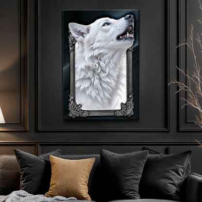 3D Wolf Wall Art III canvas with white wolf portrait and black frame Tailored Canvases on Tampa Home & Garden Store