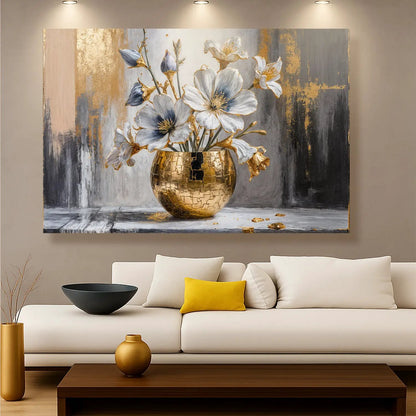 Canvas Magnolia Bloom in Gold Abstract Wall Art with gold vase and white magnolias on Tampa Home & Garden Store