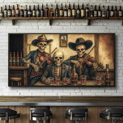 Cowboy Skeletons Wall Art canvas featuring skeleton cowboys at a whiskey bar Tailored Canvases on Tampa Home & Garden Store