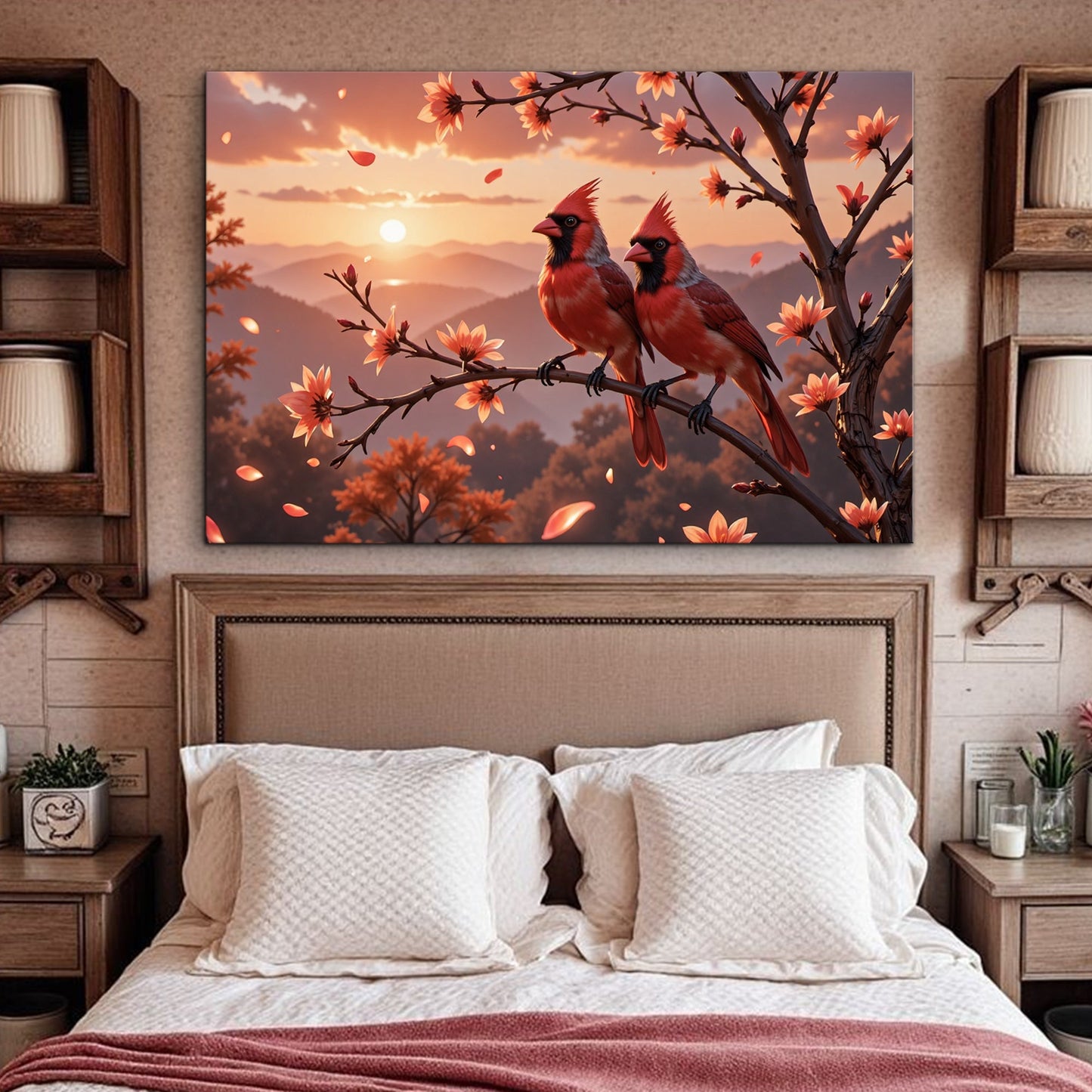 3D Cardinals Wall Art III canvas by Tailored Canvases, red cardinals on a branch at sunset on Tampa Home & Garden Store