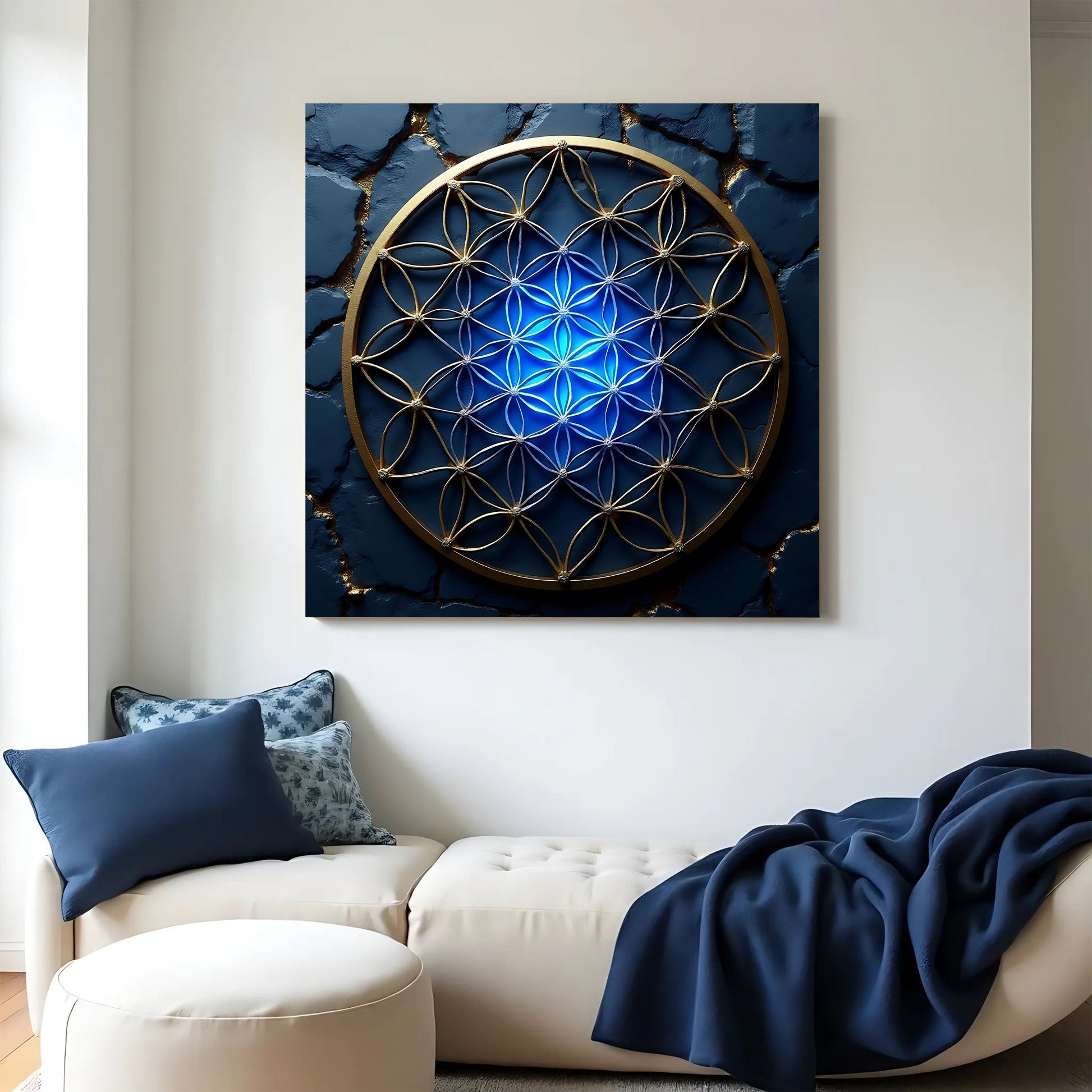 Flower Of Life Wall Art II crafting canvas, blue geometric flower-of-life with gold rings on Tampa Home & Garden Store