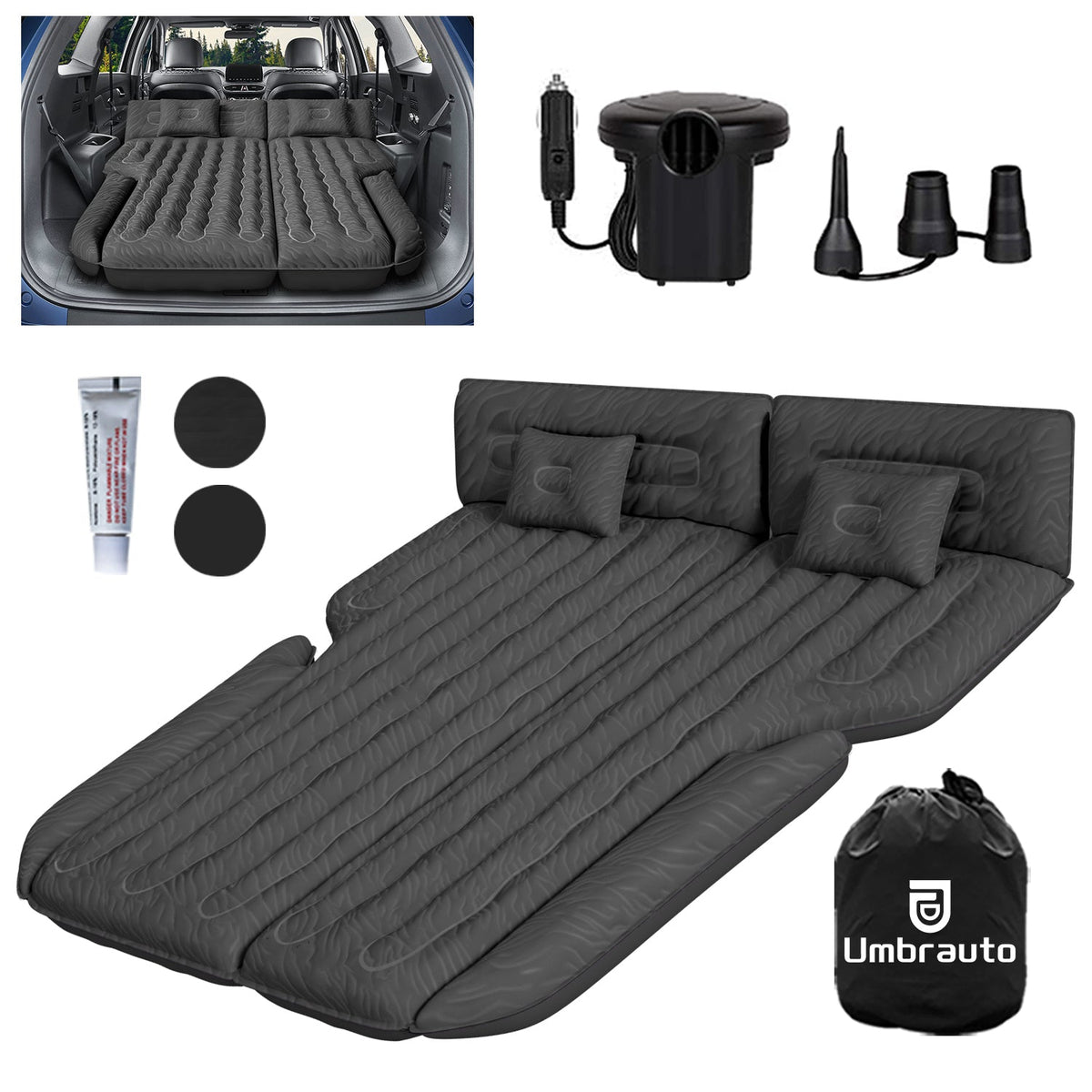 Umbrauto SUV air mattress 1.0 in black with pump, repair kit, two pillows and carry bag on Tampa Home & Garden Store