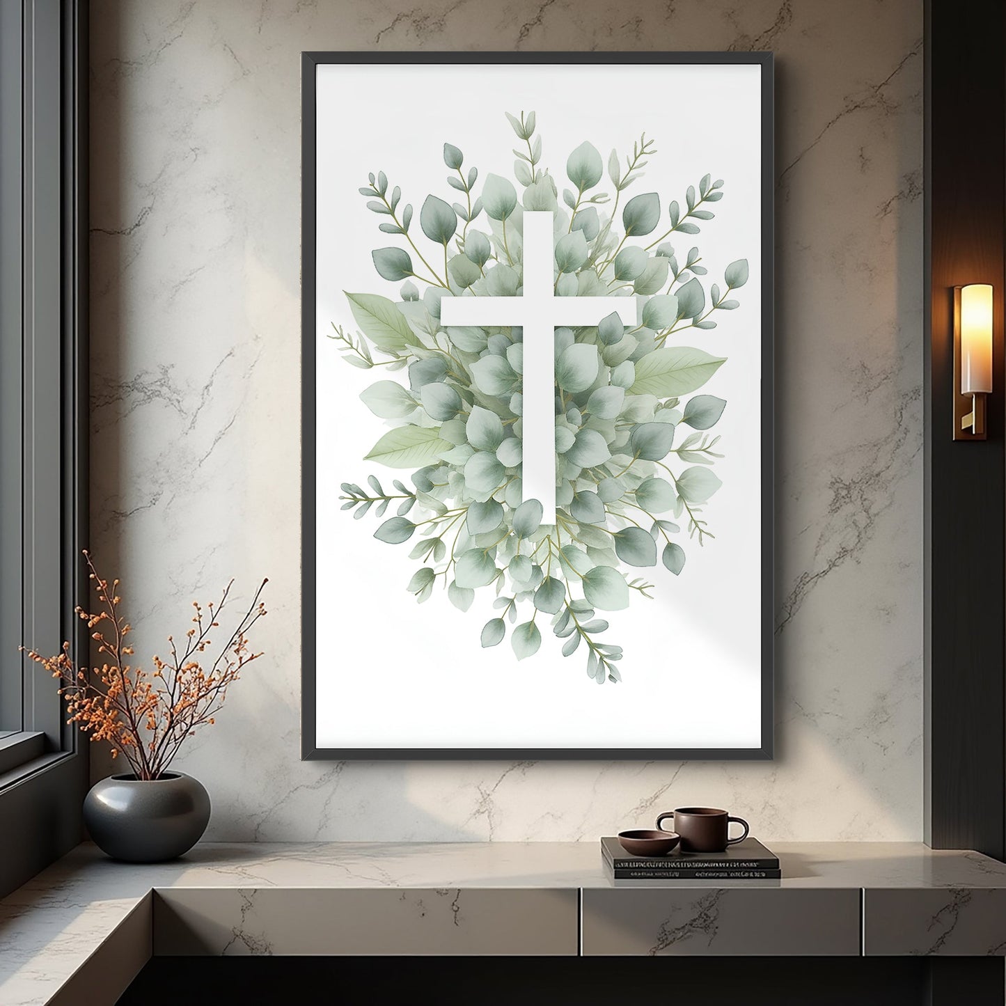 Minimalist Cross Faith Wall Art canvas by Tailored Canvases with cross over eucalyptus on Tampa Home & Garden Store