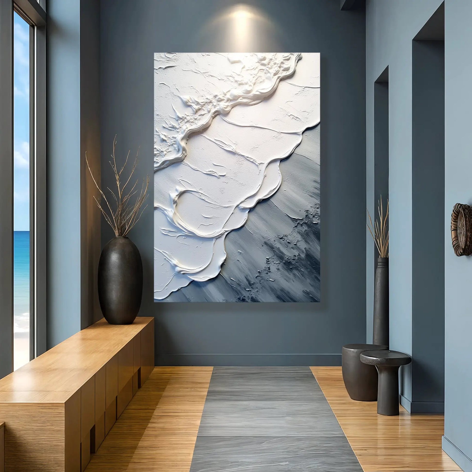 Abstract Minimalist Wave Wall Art II canvas by Tailored Canvases with white textured wave relief on Tampa Home & Garden Store