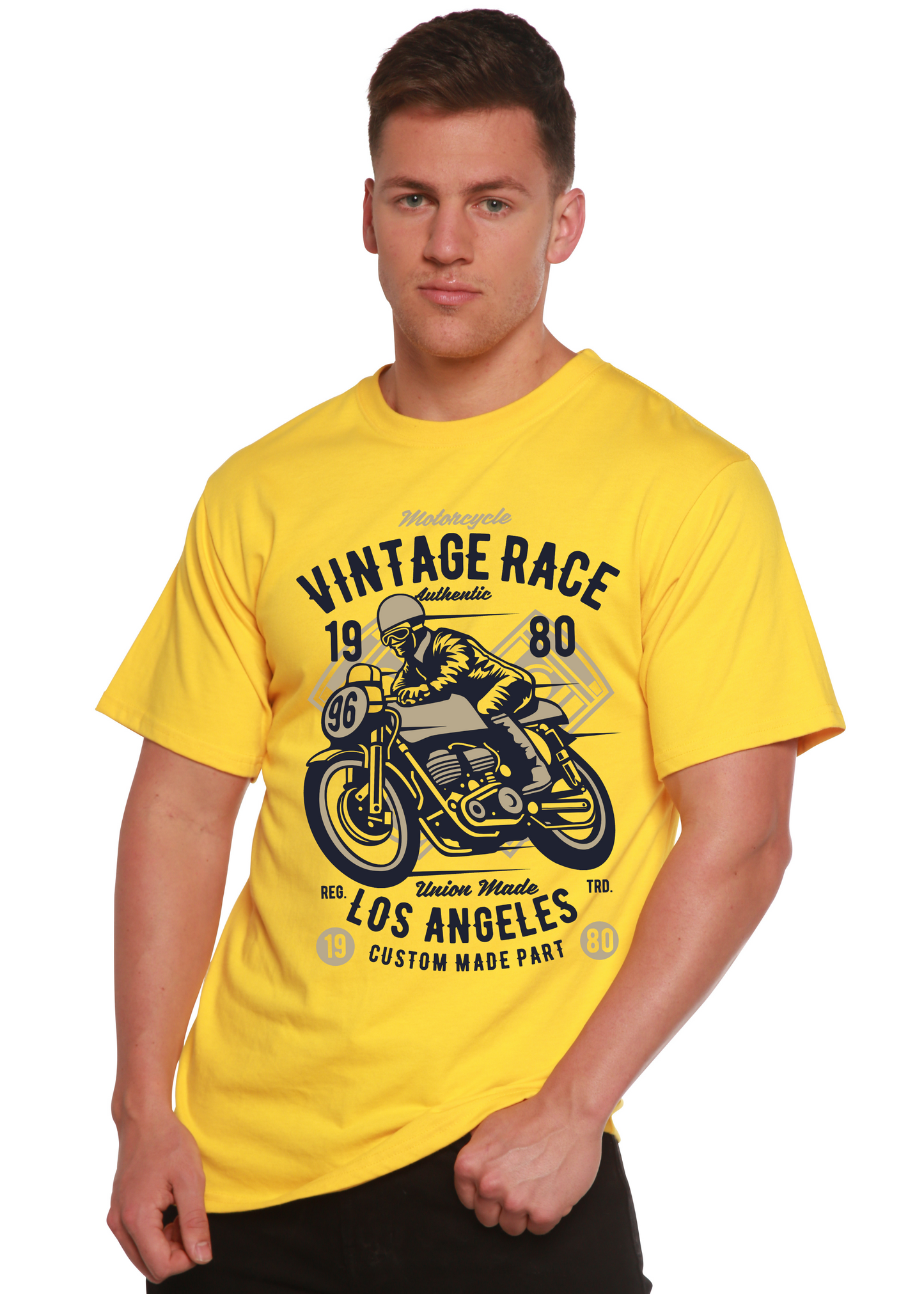 Mens yellow Spun Bamboo T-shirt with vintage motorcycle graphic; bamboo viscose/cotton on Tampa Home & Garden Store