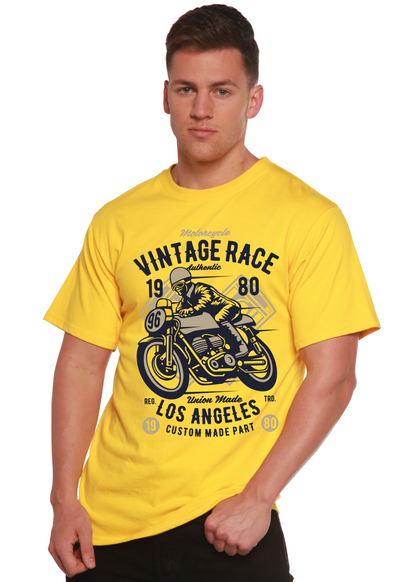 Mens yellow Spun Bamboo T-shirt with vintage motorcycle graphic; bamboo viscose/cotton on Tampa Home & Garden Store