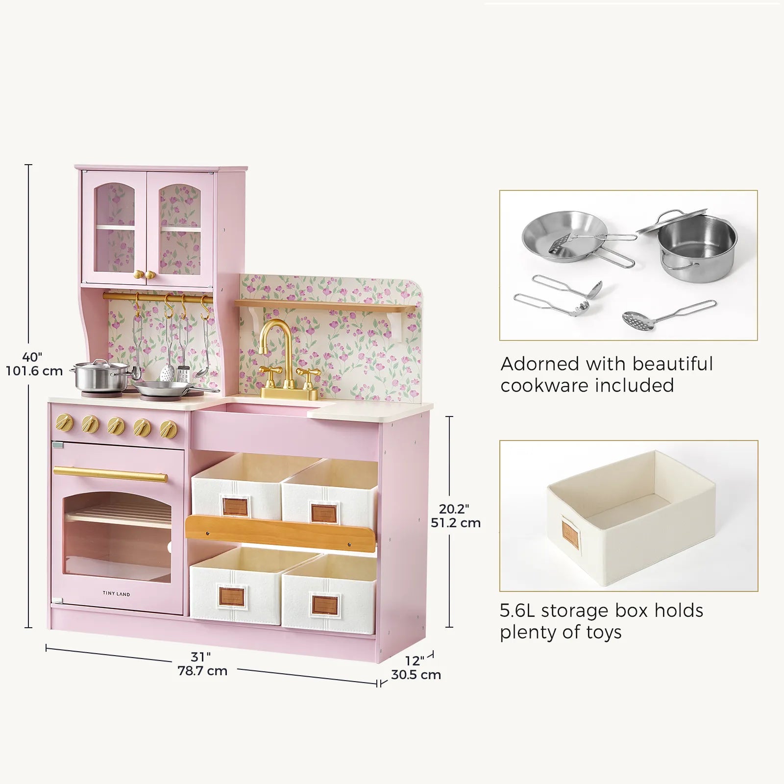 Tiny Land INC pink wooden play kitchen with floral backsplash and built‑in storage drawers on Tampa Home & Garden Store