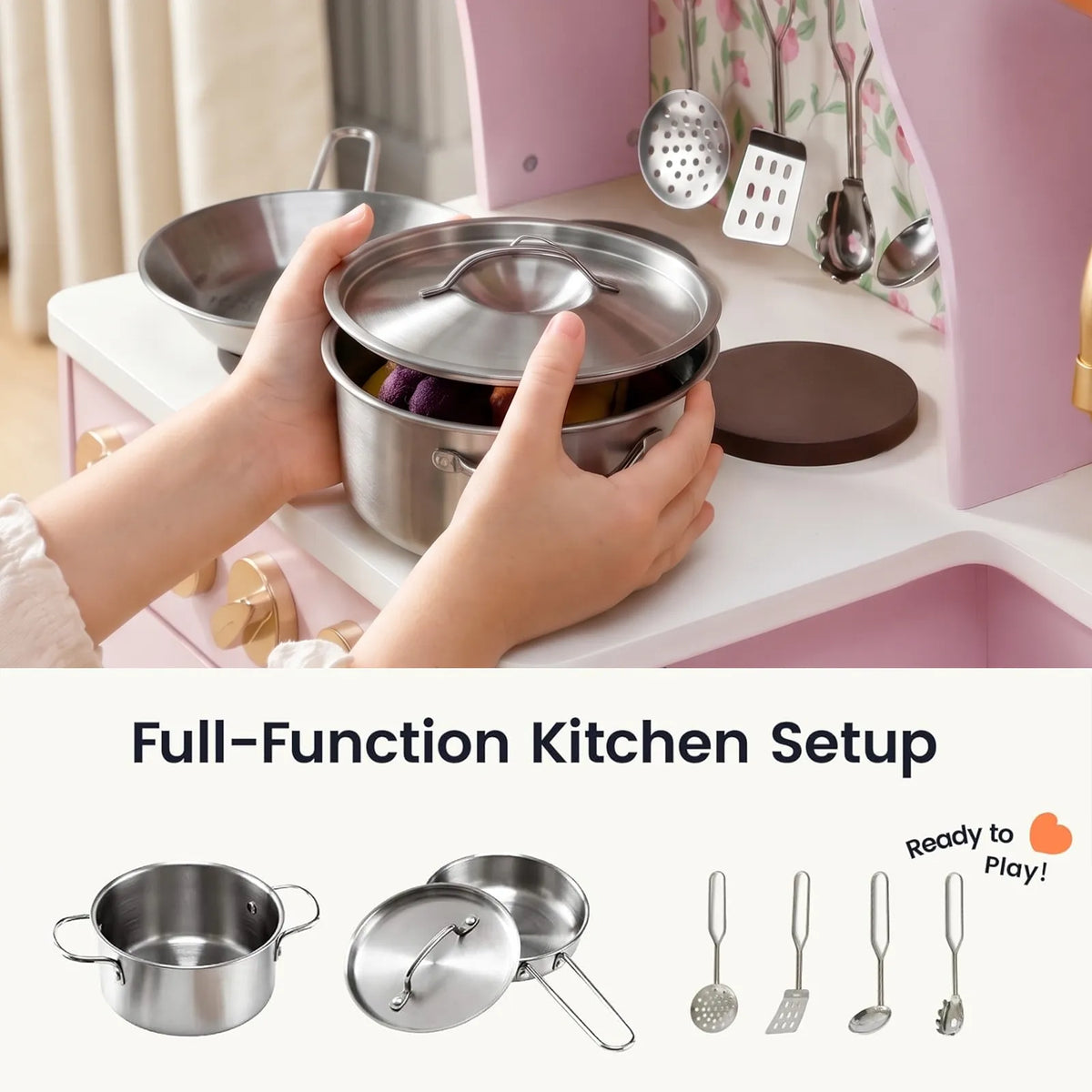 Tiny Land INC wooden play kitchen with metal pots and lids in pink setting on Tampa Home & Garden Store