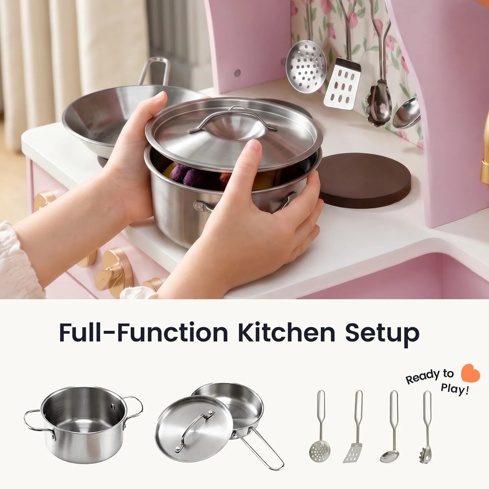 Tiny Land INC wooden play kitchen with metal pots and lids in pink setting on Tampa Home & Garden Store
