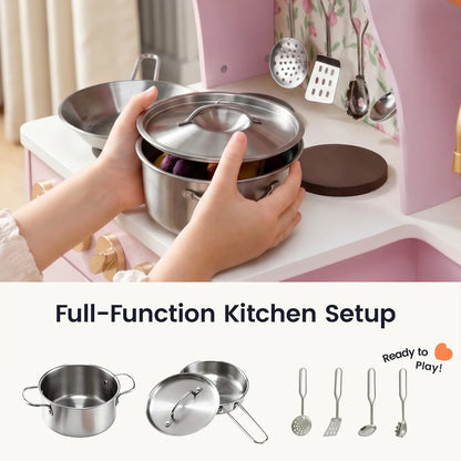 Tiny Land INC wooden play kitchen with metal pots and lids in pink setting on Tampa Home & Garden Store