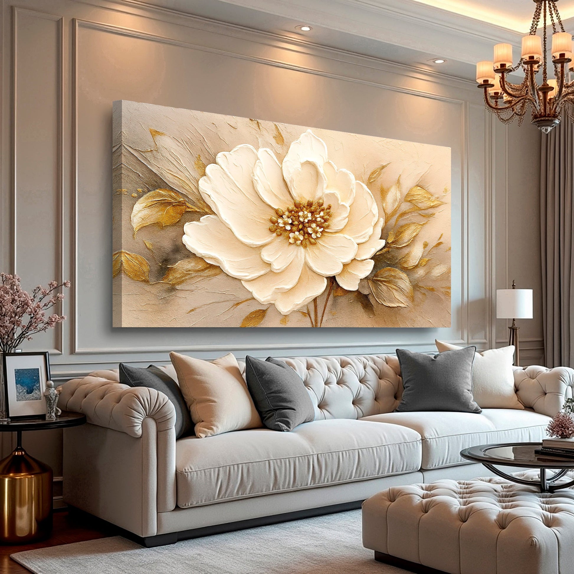 Minimalist Wall Art X canvas with a cream-white flower and gold accents on neutral backdrop on Tampa Home & Garden Store