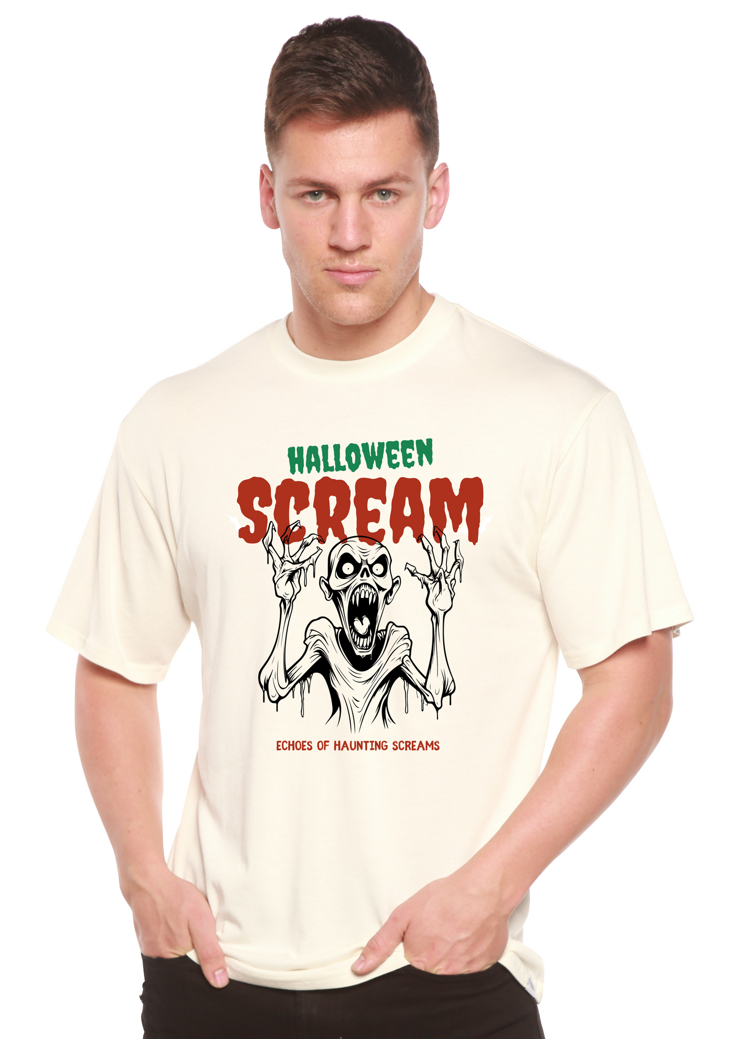 Halloween Scream men's graphic tee cream with skeleton print by Spun Bamboo viscose cotton on Tampa Home & Garden Store