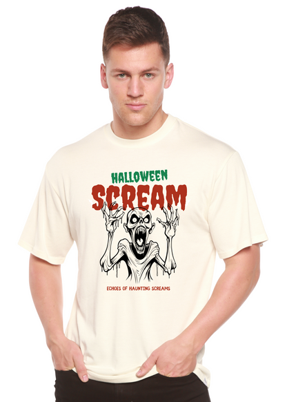 Halloween Scream men's graphic tee cream with skeleton print by Spun Bamboo viscose cotton on Tampa Home & Garden Store