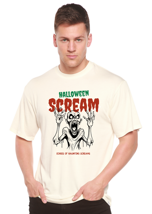 Halloween Scream men's graphic tee cream with skeleton print by Spun Bamboo viscose cotton on Tampa Home & Garden Store