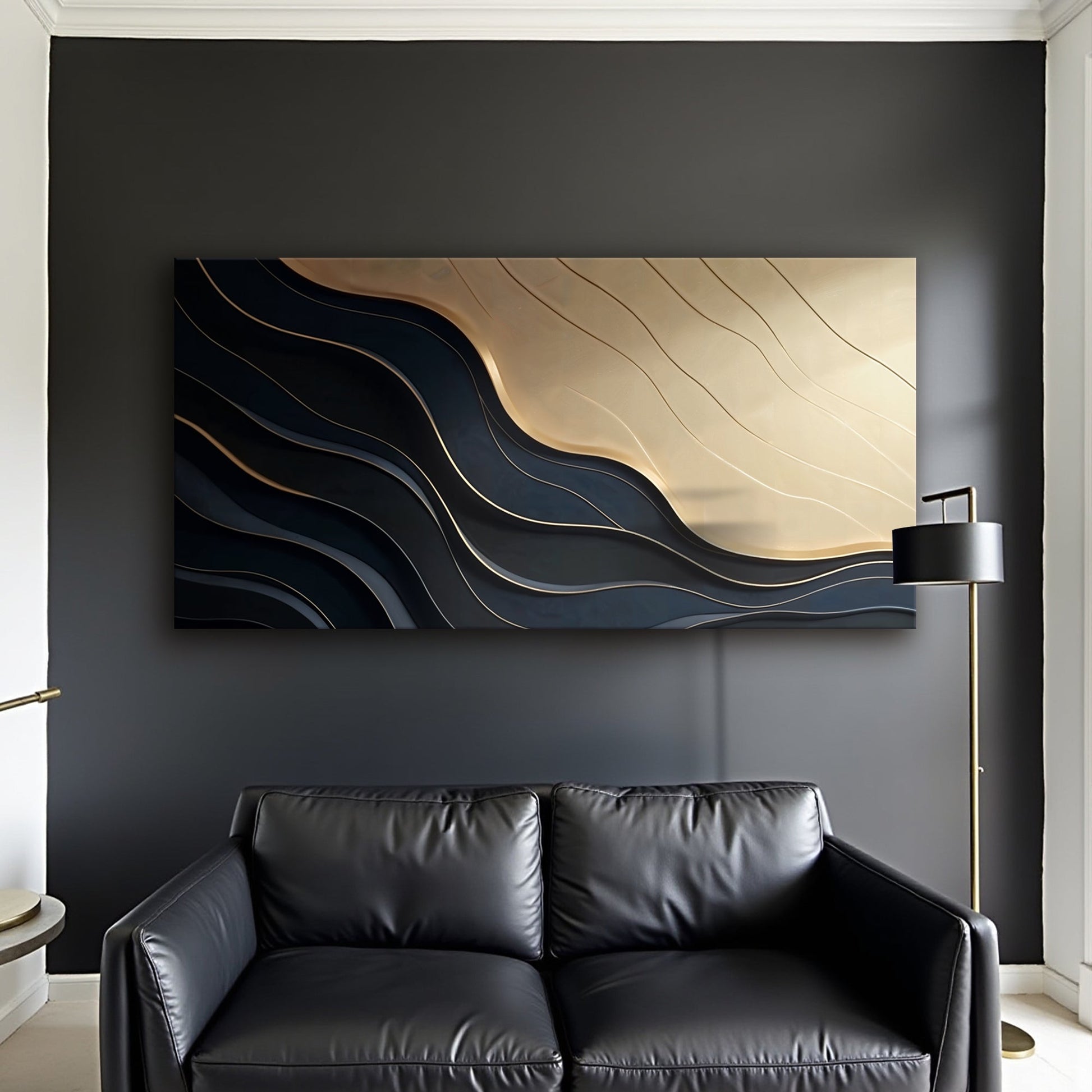 Canvas Black And Gold Minimalist Abstract VII by Tailored Canvases, black and gold wave lines on Tampa Home & Garden Store