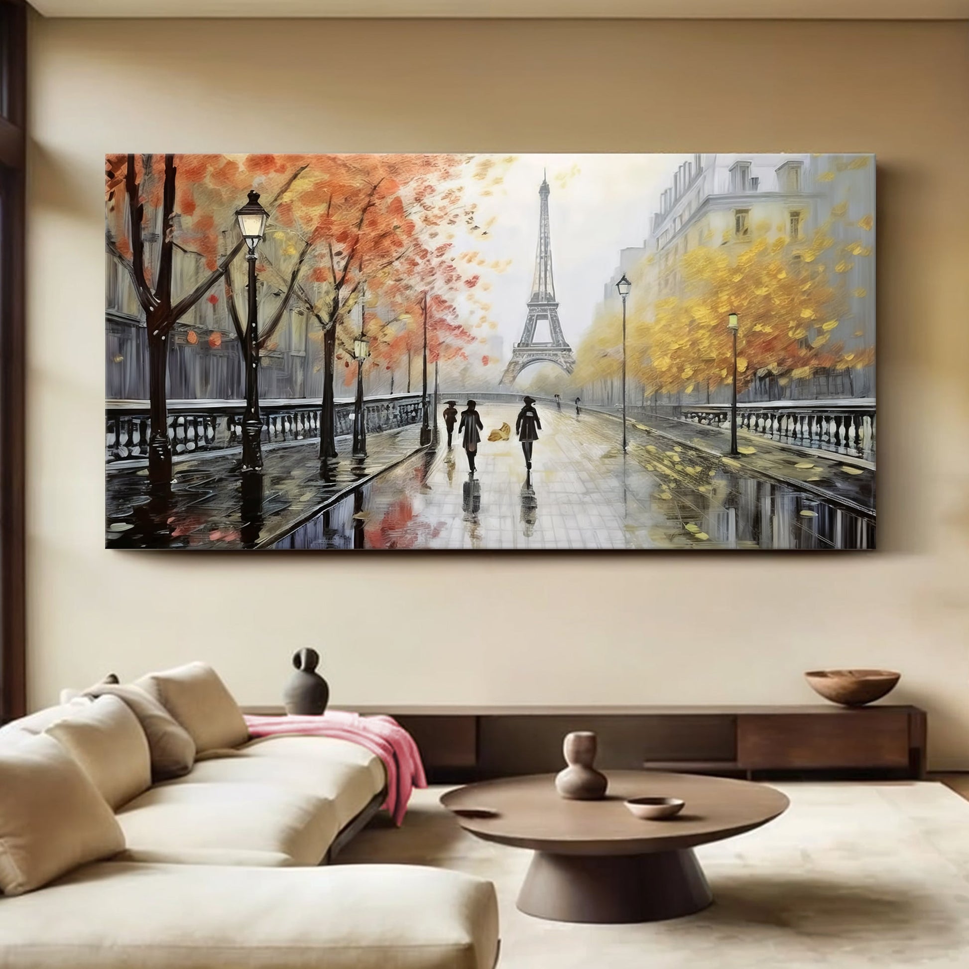 Parisian Rain Cityscape Wall Art canvas with Eiffel Tower and lampposts on a rainy Paris street on Tampa Home & Garden Store