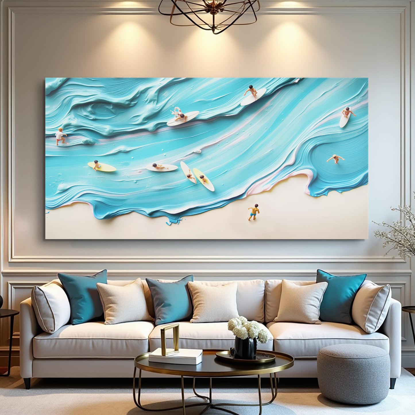 Abstract Aerial View Beach Wall Art canvas by Tailored Canvases turquoise waves and surfers on Tampa Home & Garden Store