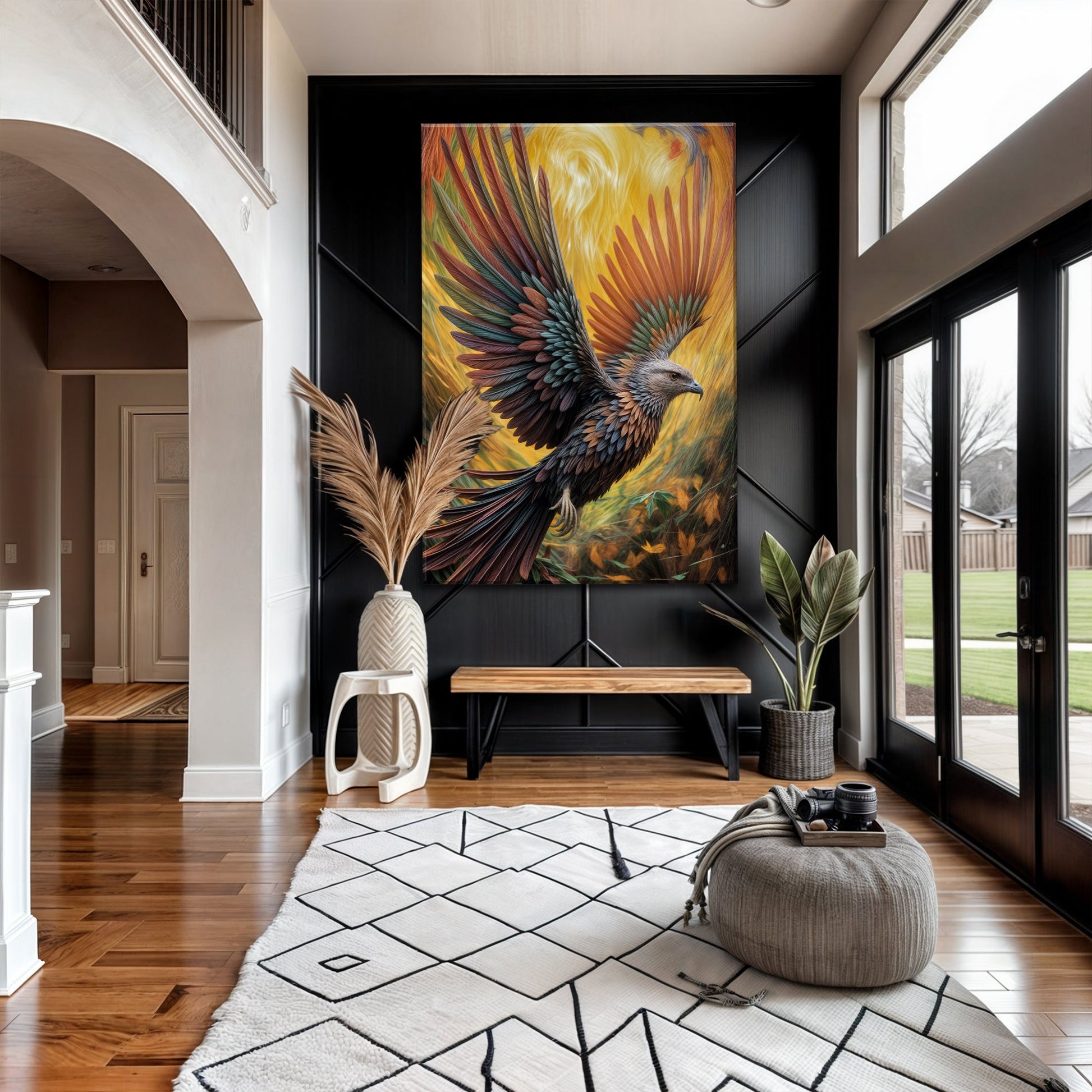 Flight Of Fancy Bird Wall Art canvas by Tailored Canvases, vivid feathers on yellow on Tampa Home & Garden Store